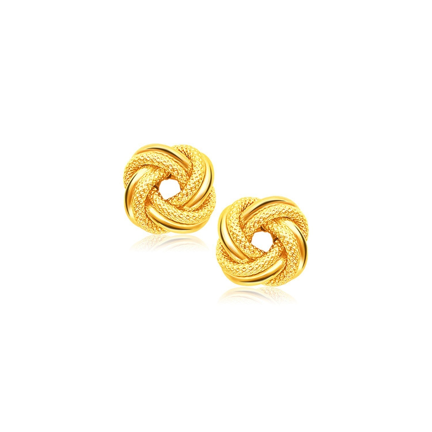 14k Yellow Gold Intertwined Love Knot Stud Earrings in a sleek high-contrast midnight luxury editorial style